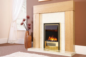 Celsi - Accent Fires - 16" Infusion Brass Inset Electric Fire in a wooden fireplace suite