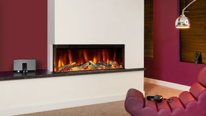 Glass Electric Fire in a corner of a maroon walled living room