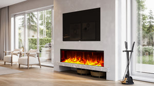 Glass front electric fire with big flames in white living room below a TV