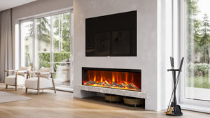 Glass front electric fire in white living room below a TV