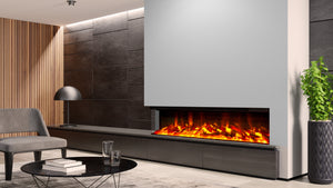 Modern living room with corner glass electric fire