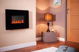 Celsi - Flamonik Fires - Rapture black Wall Mounted Electric Fire with flames in a bedroom