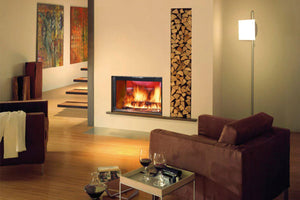 Fondis Stella 3 DFH700 inset stove in a living room with flames beside a wall log storage