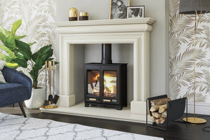 Henley Hampton 5 Double Door Wood Burning Stove in a white fireplace suite inside a living room