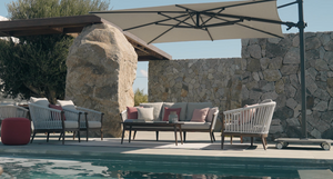 Skyline Design - Legna - 7 Seat Outdoor Lounge Set with Coffee and Side Table, Bay Pouf Stool and Caractere Parasol