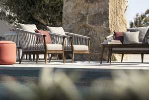Skyline Design - Legna - 7 Seat Outdoor Lounge Set with Coffee and Side Table, Bay Pouf Stool and Caractere Parasol