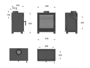 Woodford - Pankhurst Large 8kW Eco Design Wood Burning Stove dimensions