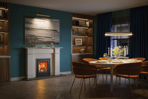 Riva2 55 Profil 3 Sided Frame and Claremont Limestone Mantel