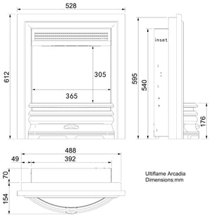 Celsi - Ultiflame Fires - VR Arcadia Black & Chrome Hearth Mounted Electric Fire measurements