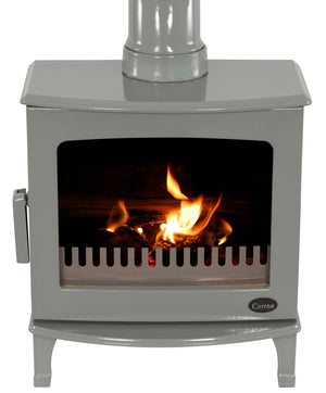 Carron - ECO Stove - 5kW Wood Stove (Multi-fuel Kit Option) - Sage Green Enamelwith flames on white background